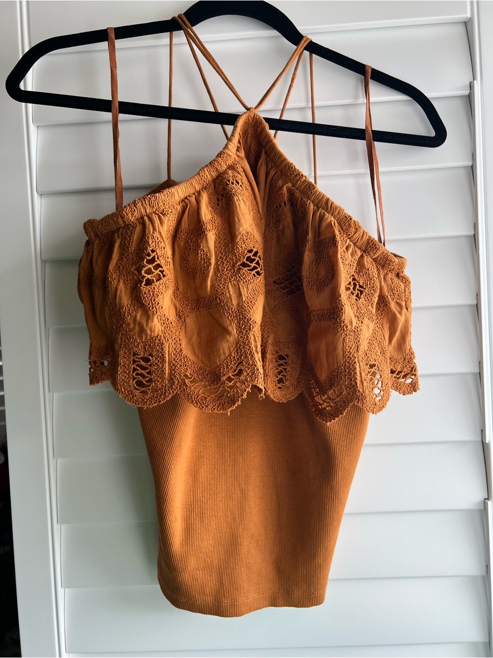 Anthropologie Rust Orange Crochet Ruffle Halter Top Cotton